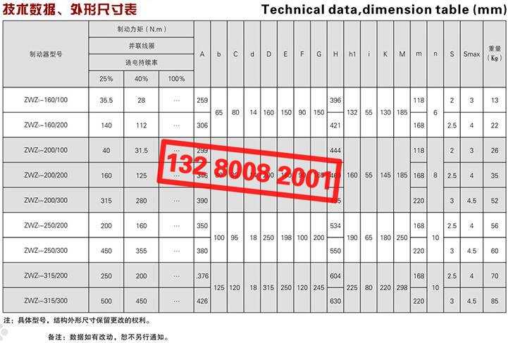 ZWZ3系列直流電磁鼓式制動(dòng)器技術(shù)數(shù)據(jù)、外形尺寸表